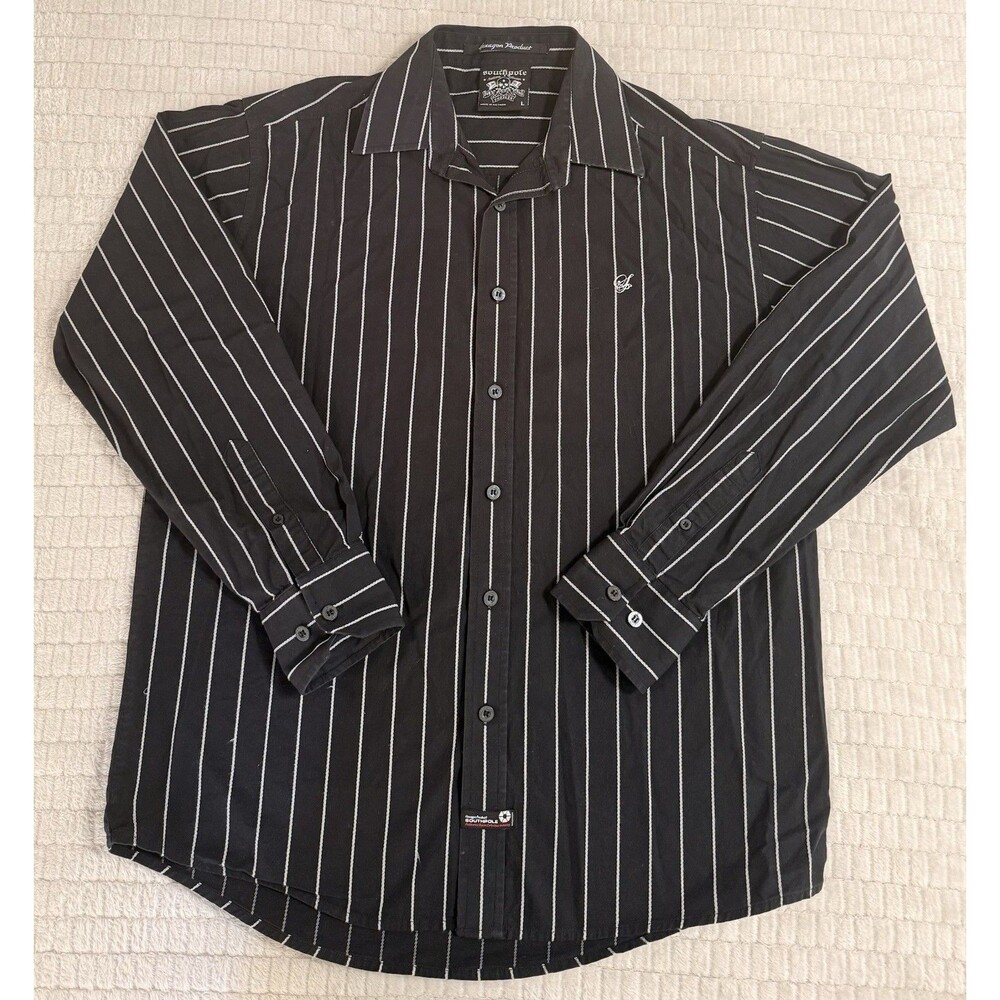 Southpole Hexagon Men Black Pinstripe Button Up Shirt Long Sleeve Size L